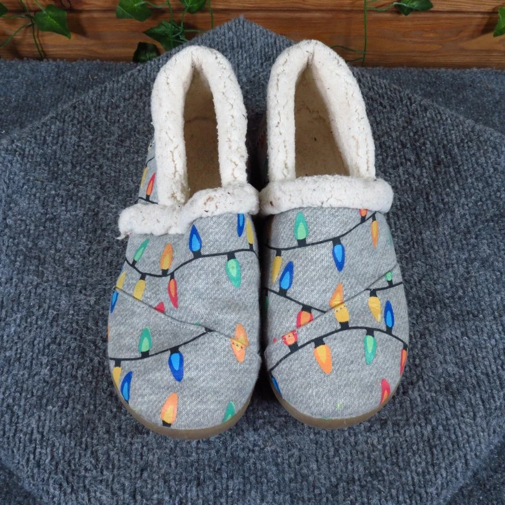 TOMS Tree Lights Kids Slipper Size 4 Holiday Indoor Lounging Gray Textile